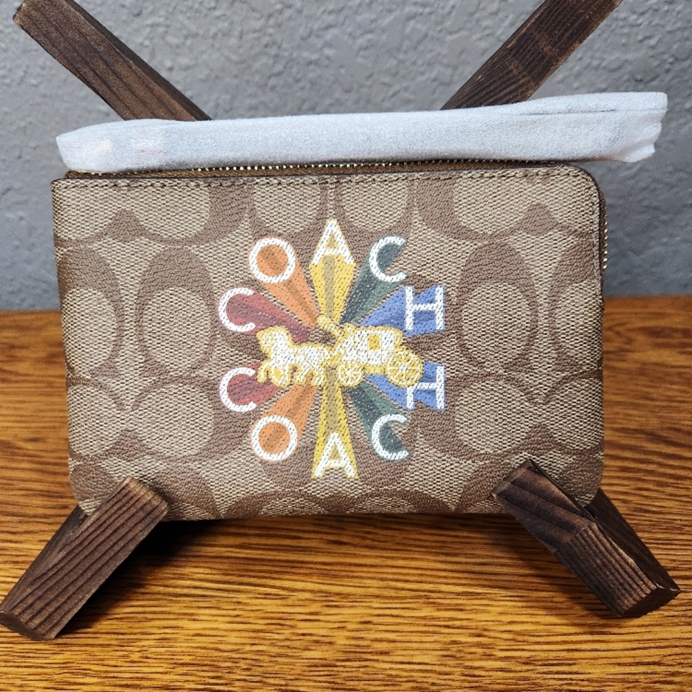 Coach Radial Rainbow Canvas Corner Zip Wristlet